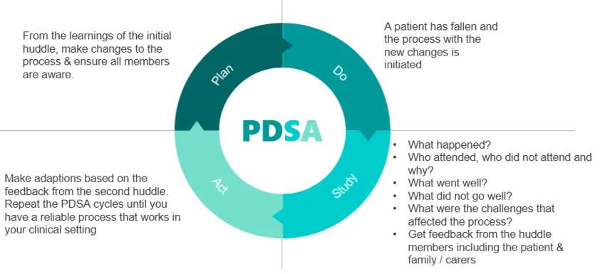 The second PDSA cycle builds on the first:  Plan &ndash; from the learnings of the initial huddle, make changes to the process and ensure all members are aware Do &ndash; a patient has fallen and the process with the new changes is initiated Study &ndash; review the same questions: what happened, who attended, who did not attend and why, what went well, what did not go well, what challenges affected the process, and feedback from huddle members including the patient, family and carers Act &ndash; make adaptations based on the feedback from the second huddle. Repeat the PDSA cycles until you have a reliable process that works in your clinical setting.